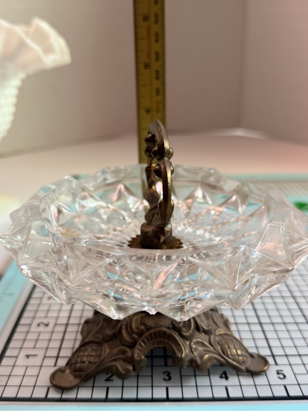 Crystal Glass ashtray with Ornate Brass Footed Base Made in Italy